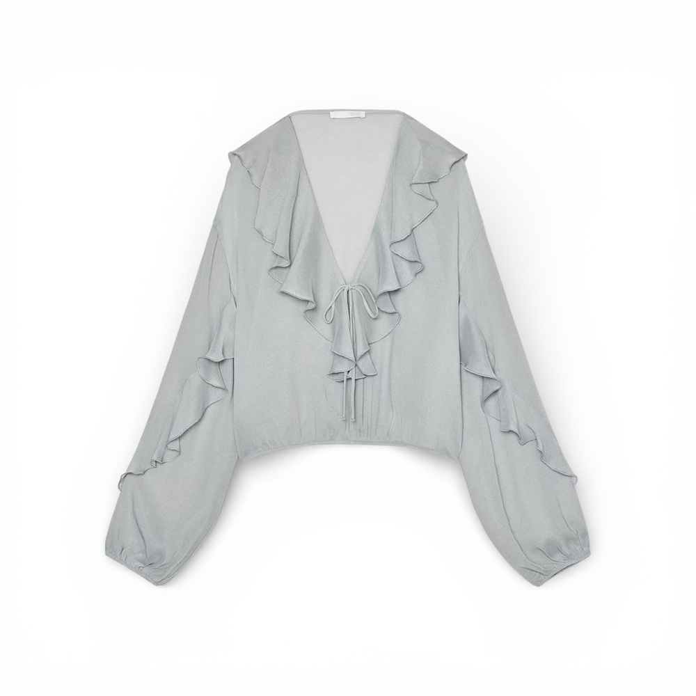 Zara Sage Green Ruffle Tie Front Blouse – Romantic Boho Top